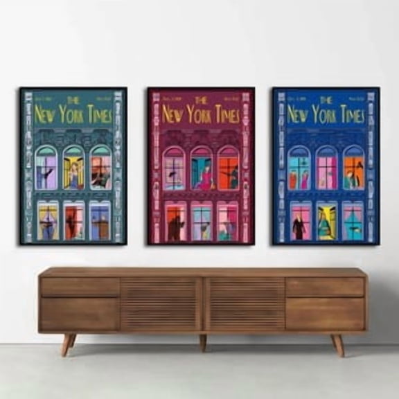 Vintage New York Times Poster Set, Retro Magazine Cover Wall Art, Colorful NYC Apartment Scenes, Mid Century Triptych Decor, BESTSELLER, Poster Only