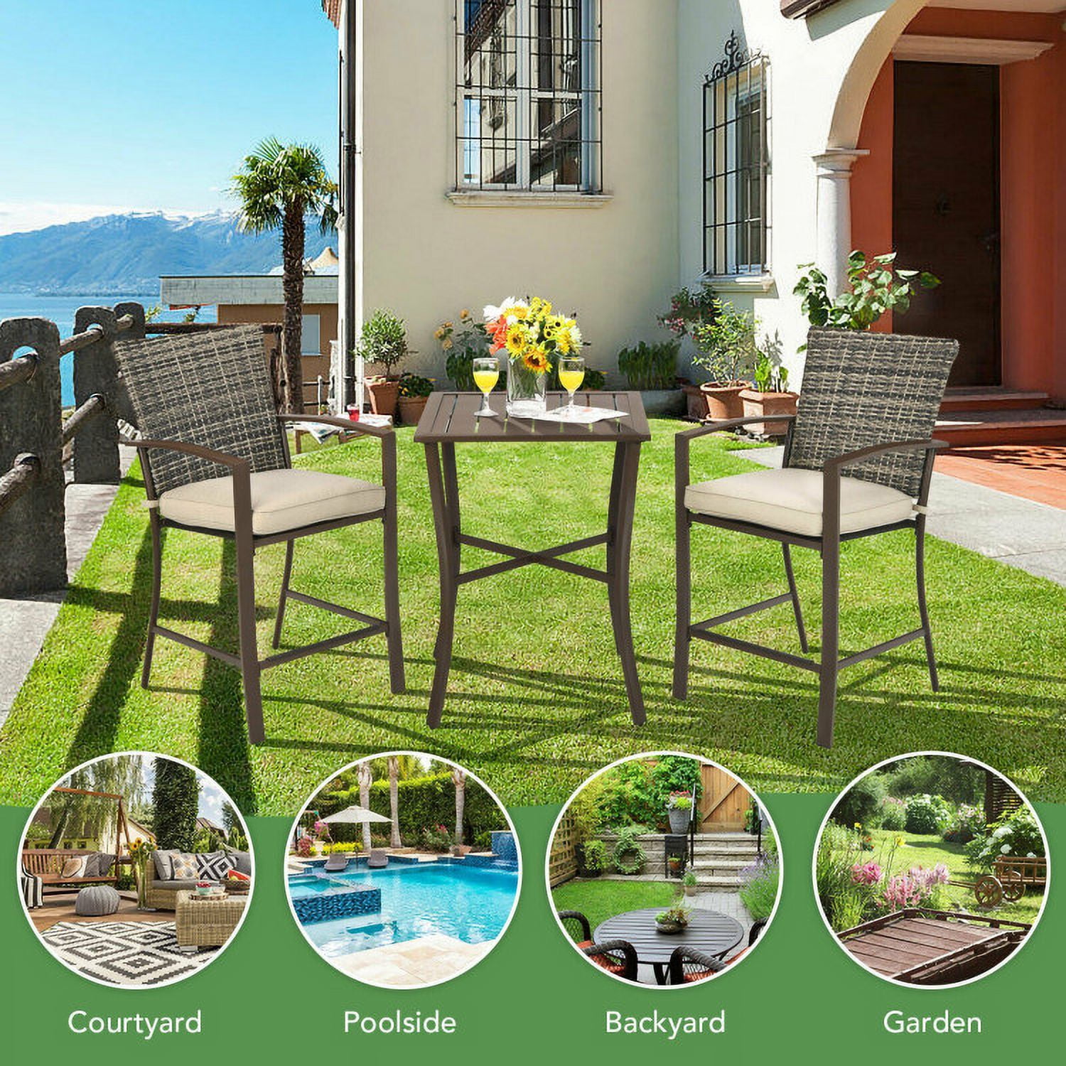 Aimee Lii 3 Pieces Rattan Bar Furniture Set with Slat Table and 2 Cushioned Stools, Outdoor Patio Furniture, Brown Aimee Lii 3 Pieces Rattan Bar Furniture Set with Slat Table and 2 Cushioned Stools, Outdoor Patio Furniture, Brown
