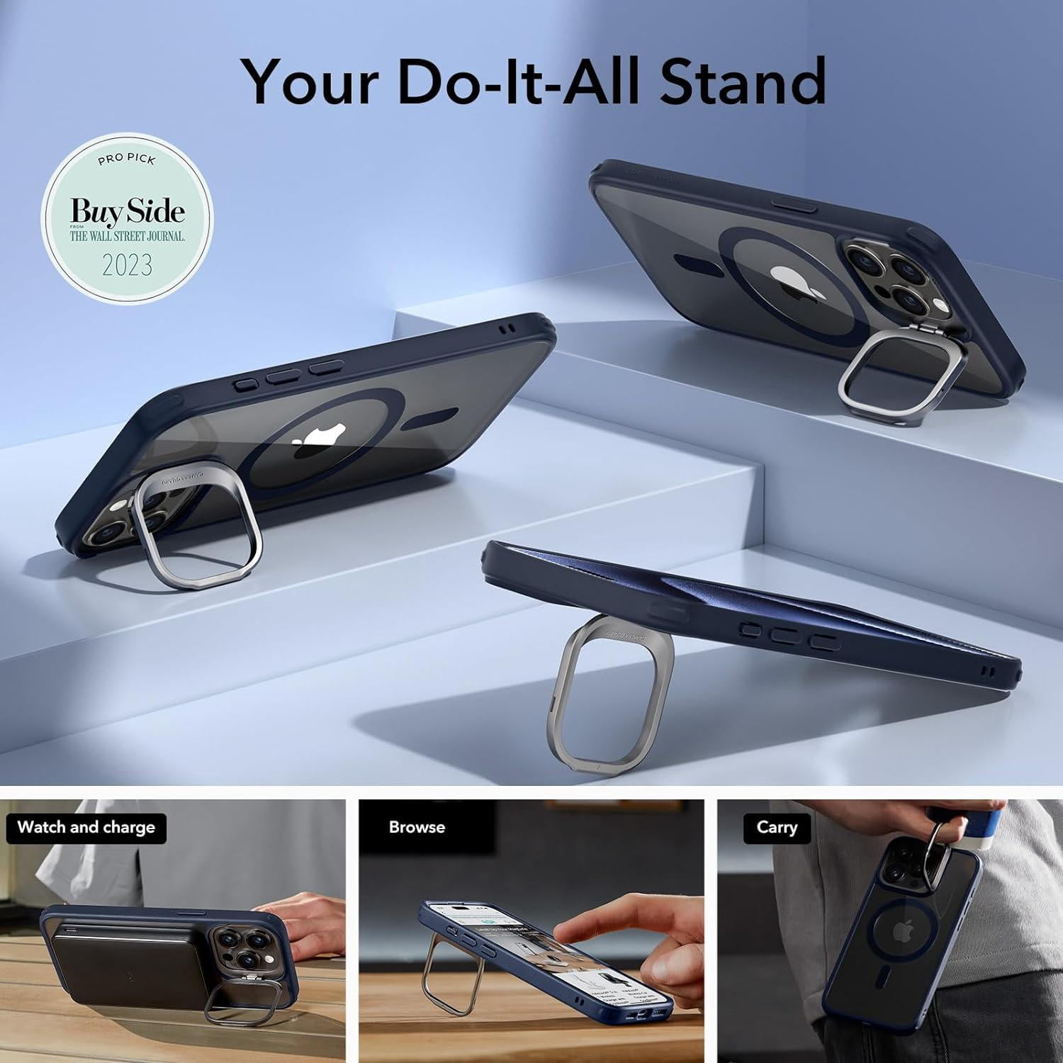 ESR Classic Hybrid Case with Stash Stand (HaloLock) iPhone 15 Pro Max Blue