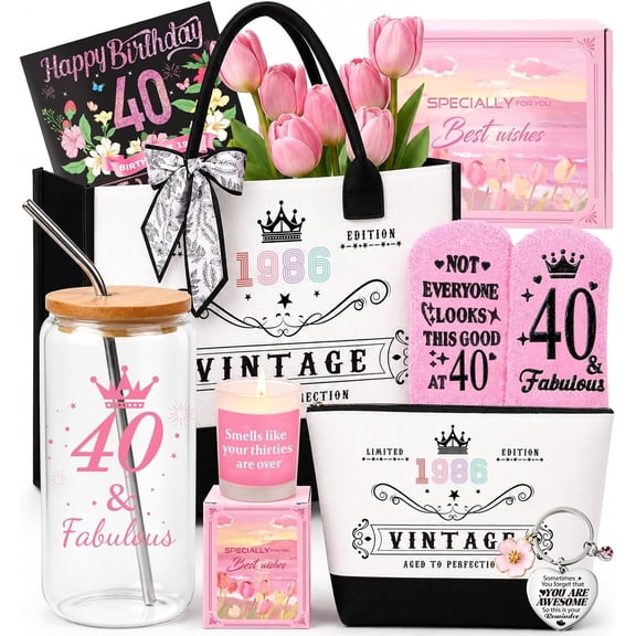 40th Birthday Gifts for Women, 40 Old Birthday Include Galss Tumbler with Straw Gifts for Wife Aunt Sister Her,Fashion 1986 Handbag Bag Socks Candle Born in 1986 Card