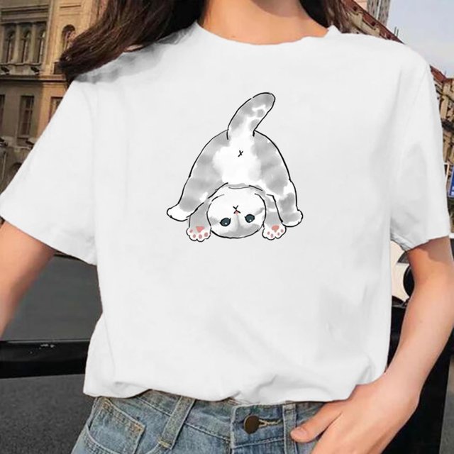 Pntutb Mujer Lindo Gato Estampado Manga Corta Cuello Redondo Cobertura Casual Whitet Shirt top Pntutb Pntutb-6847