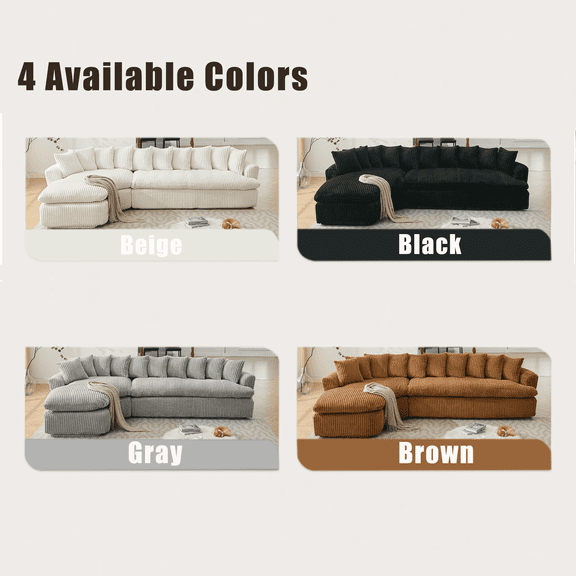 Newboti Furniture 127" Large Sectional Sofa ,Elegant Curved Design ,High-Resilience Foam ,Ten Back Cushions,L-Shape Left Sofa,No Assembly Required, (Gray -Soft Corduroy Fabric) 01942