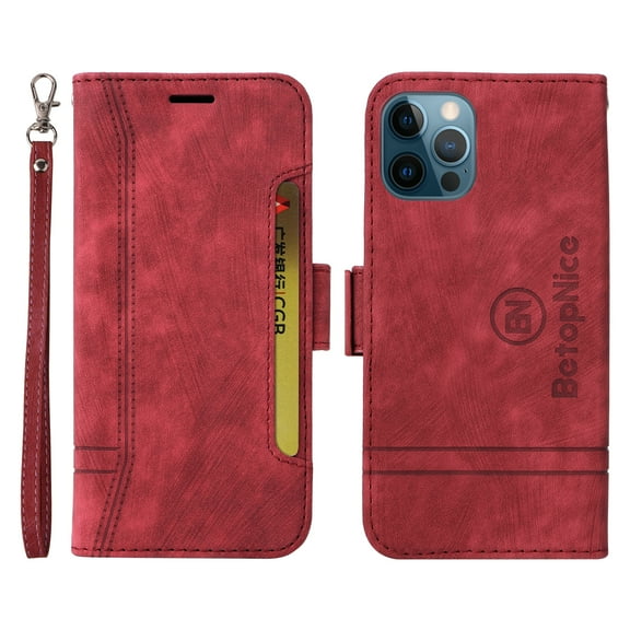 TECH CIRCLE for iPhone 12 Pro/12 6.1 inch Case,Luxury PU Leather Soft TPU Full Body Protection Magnetic Flip Holder Wallet Card Slots with Wrist Strap Shockproof Cover.For iPhone 12 Pro / 12 6.1",Red