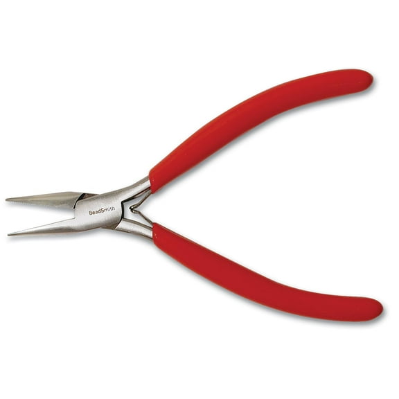 The Beadsmith Slim Line Serrated Chain Nose Pliers, 4.75 inches (120mm) with Polished Steel Head, red PVC Comfort Grip Handle with Double-Leaf Spring, Tool for Jewelry Making