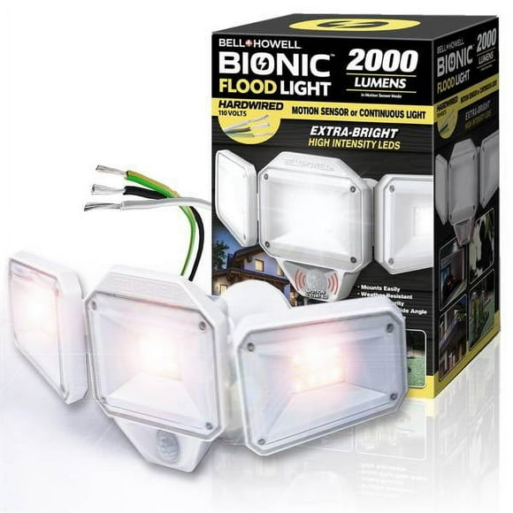 Bell + Howell Bionic Flood Light 2000 Lumens, Hardwired Motion Sensor Outdoor Light, Dusk to Dawn, Adjustable Panels, White