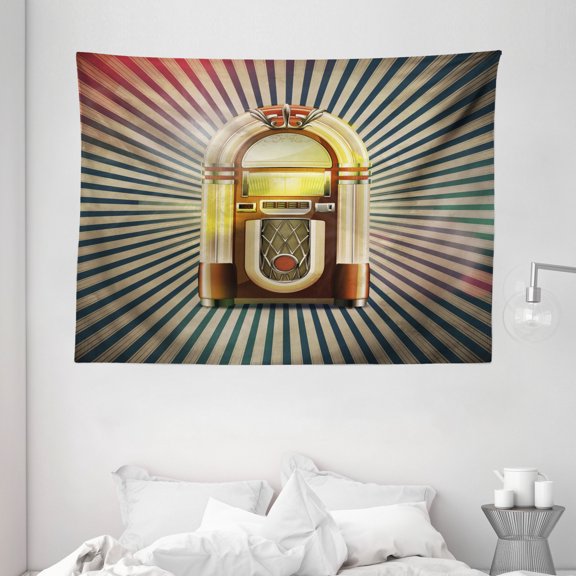 Jukebox Tapestry, Retro Vintage 50s Pin Up Inspired Striped Backdrop Old Music Box, Wall Hanging for Bedroom Living Room Dorm Decor, 80W X 60L Inches, Brown Beige and Petrol Green, by Ambesonne