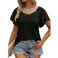 thumbnail image 4 of Camisa de manga corta para mujer, cuello en V plisado, manga con volantes, camisa con hombros descubiertos para mujer, Top para fiesta diaria de verano, negro L, 4 of 6