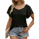 thumbnail image 4 of Camisa de manga corta para mujer, cuello en V plisado, manga con volantes, camisa con hombros descubiertos para mujer, Top para fiesta diaria de verano, negro XL, 4 of 6