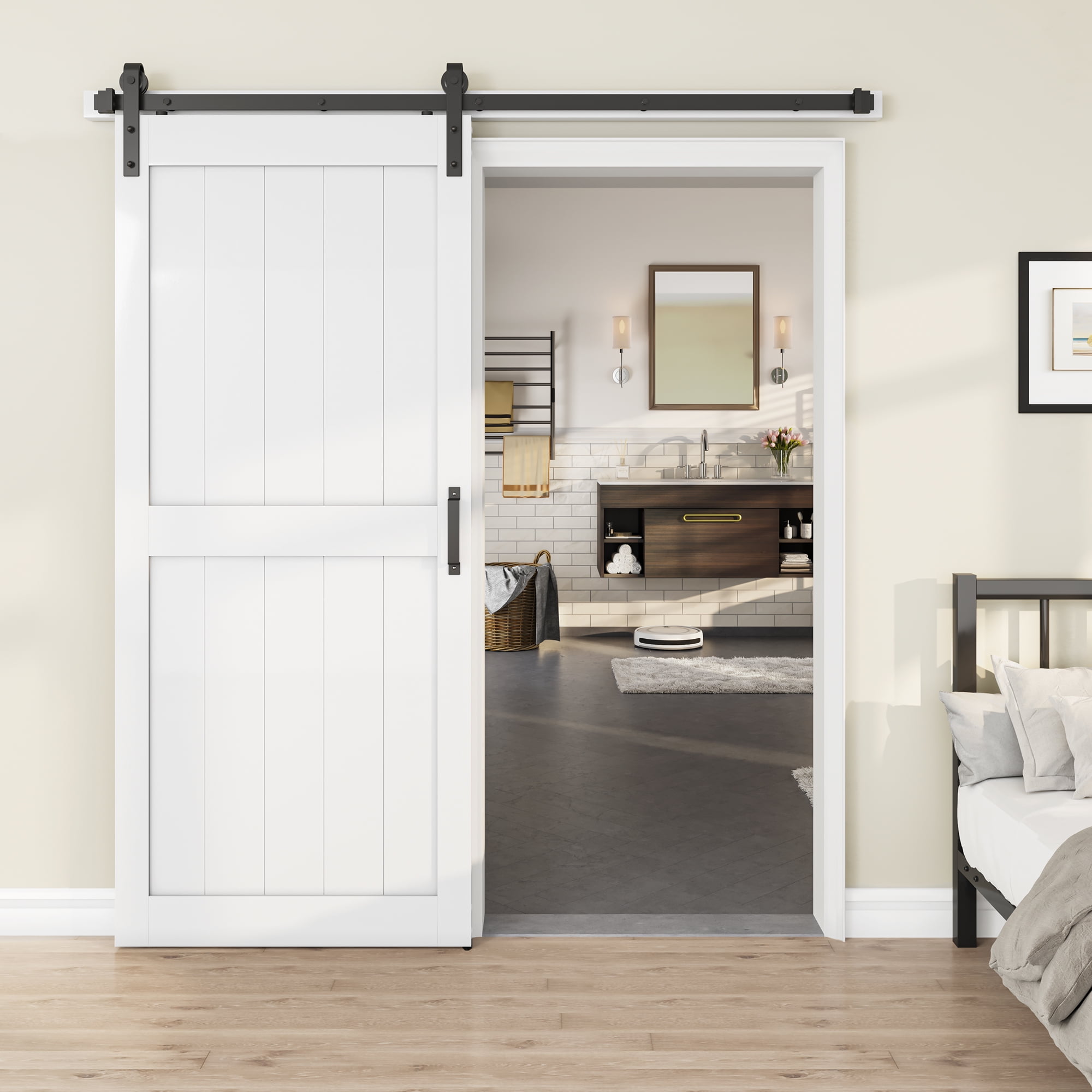 Dextrus HStyle Solid Core Single Barn Door 36 in x 84 in White Barn Door Hardware Kit