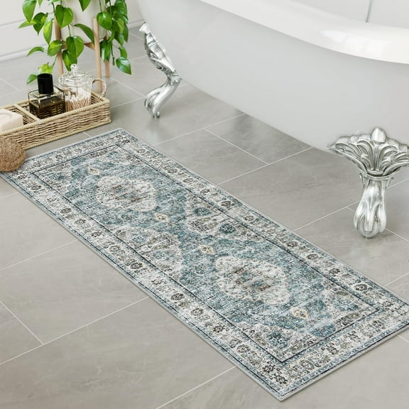 Blue Bathroom Rugs, Distressed Farmhouse Boho Bath Mat, Comfy Velvet Small Bath Rugs Non Slip Washable, Vintage Oriental Toilet Rug for Sink Shower Vanity, 17x26 inch