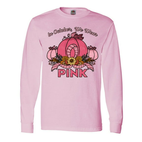 Inktastic In October We Wear Pink with Ribbon and Pink Pumpkins Long Sleeve T-Shirt