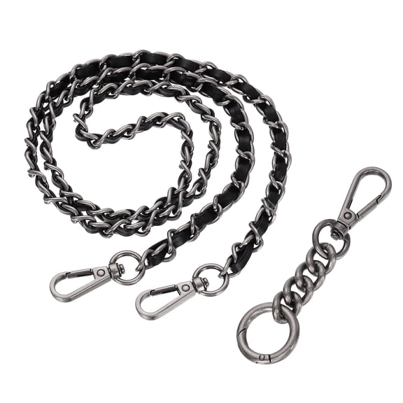 Uxcell Purse Chain Strap, 35.4 Inch PU Leather Purse Straps Replacement Crossbody Flat Woven Handbag Strap with Extended Chain for Shoulder Crossbody Clutch, Vintage Silver/Black