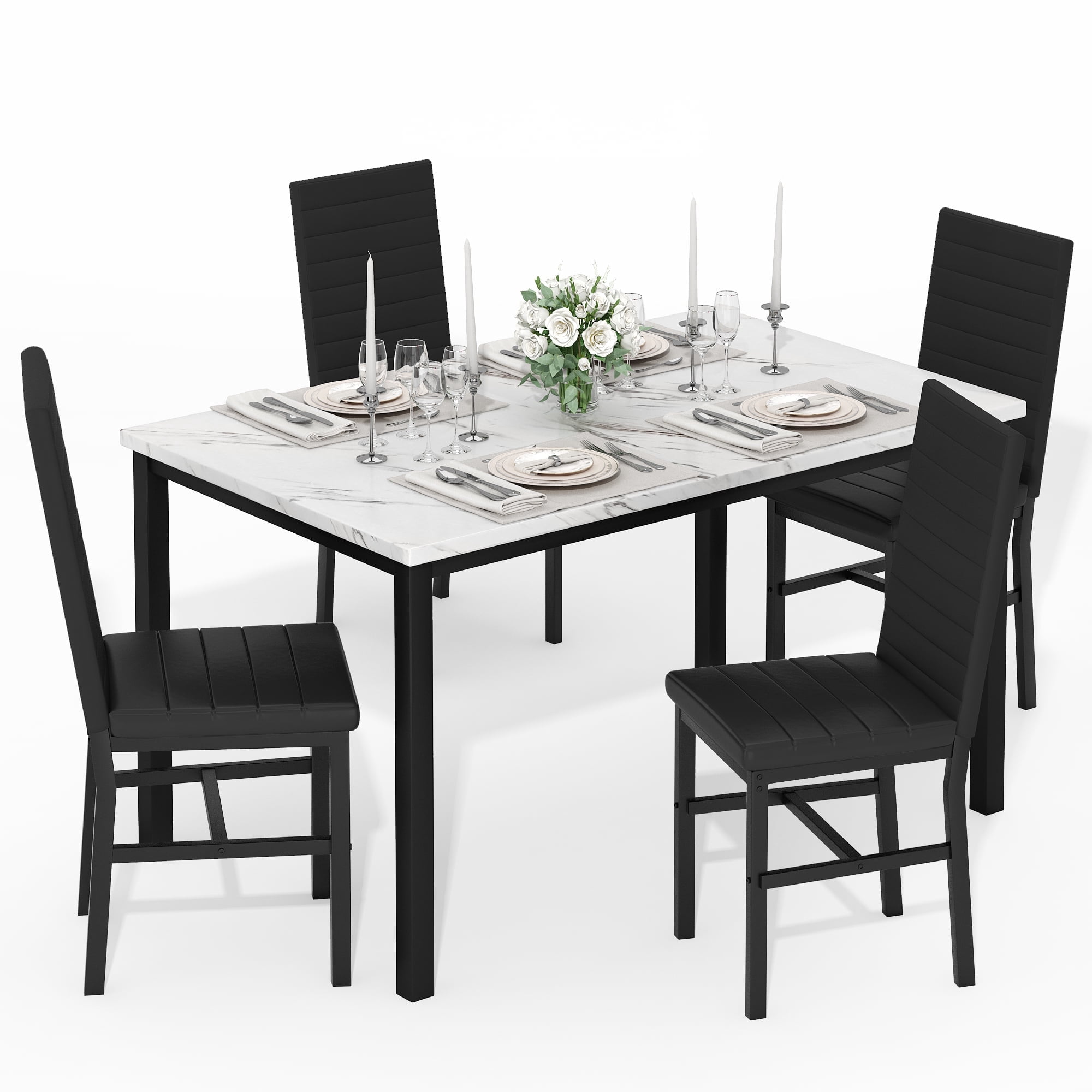 AWQM 5 Piece Dining Table Set, Faux Marble Kitchen Table and Chairs for 4, Dining Room Table Set with 4 PU Leather Chairs, White