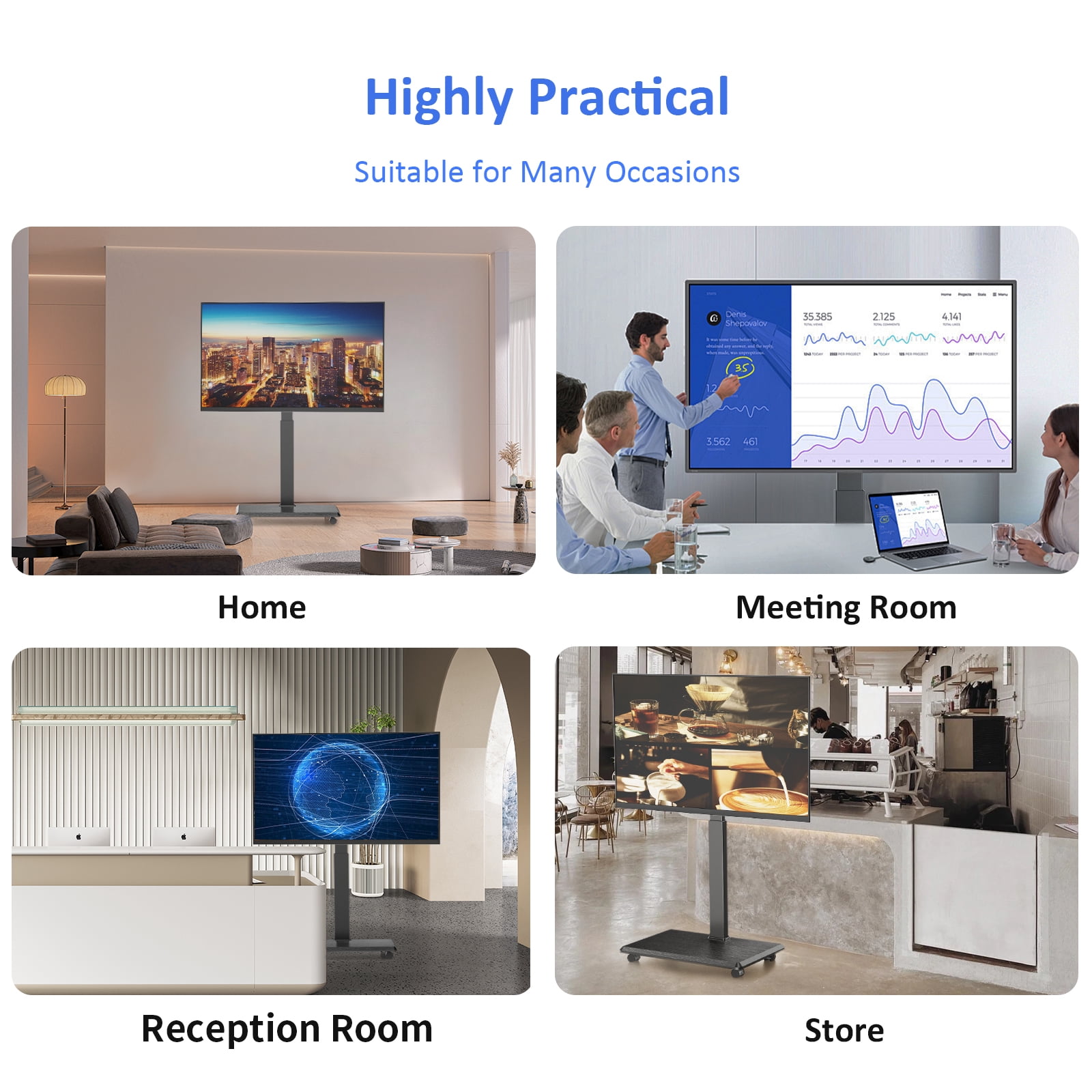 Rolling TV Stand, Portable Mobile TV Stand for 32-75 Inch TVs up to 110 lbs, 18 Adjustable Heights, Max VESA 600x400mm, Rolling TV Cart on Wheels with Mount for Bedroom, Office, Outdoor