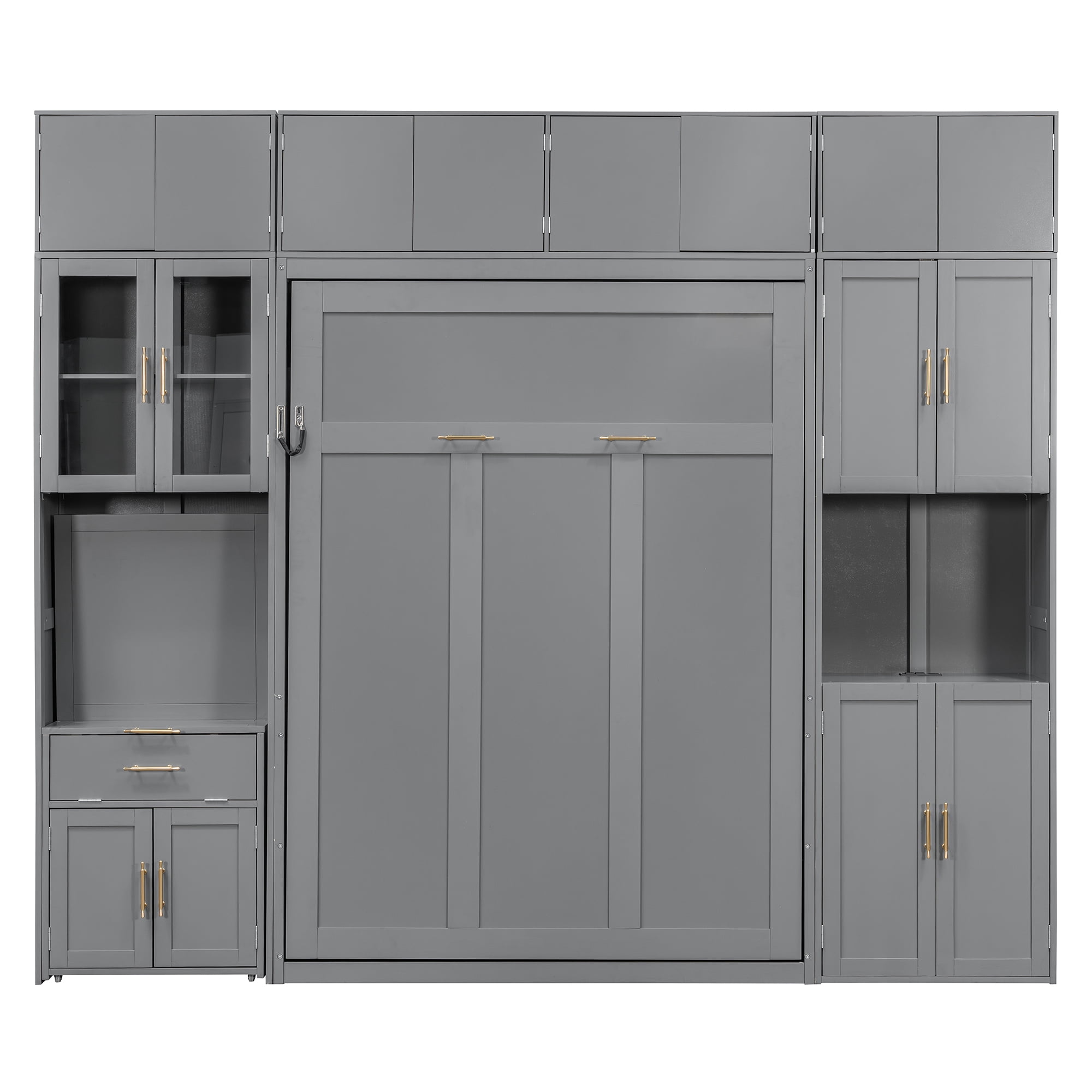 Full Size Murphy Bed with Storage Hutch, Writing Desk, USB, LED Lighted for Small Space, Guest Room