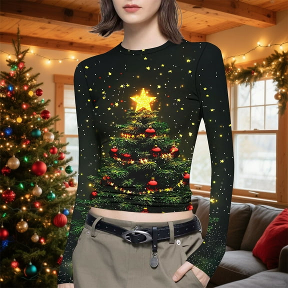 Womens Tops Crop Long Sleeve Crewneck Christmas Blouses Slim Fit Stretch Comfort Holiday Party Ready Wear Going Out Tops