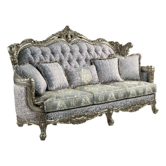 Pemberly Row Tufted Fabric & Wood Sofa with 5 Pillows in Gray/Bronze