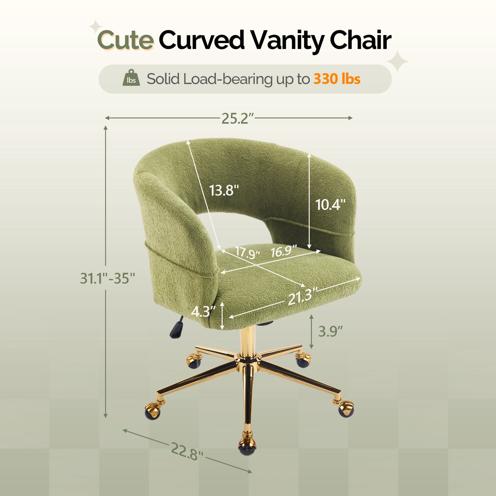 UBesGoo Modern Swivel Accent Chair, Flannel Makeup Vanity Chair, Highly Adjustable Desk Chair for Living Room Dorm Office, Green