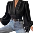 thumbnail image 4 of Lilgiuy Discount Womens Lantern Sleeve Victorian Blouse Puff Long Sleeve Shirts V Neck Crop Tops High Waist Pullover Blazer Tee, 4 of 7