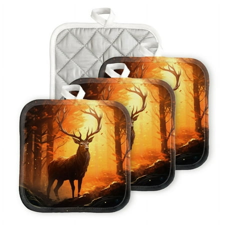 

Bahomeck Pot Holder 4Pcs Deer With Antlers Standing In The Forest With Glowing Orange Light Square Heat Resistant Hot Pads For Kitchen Cooking Oven With Hanging Loop Potholder Easy To Store
