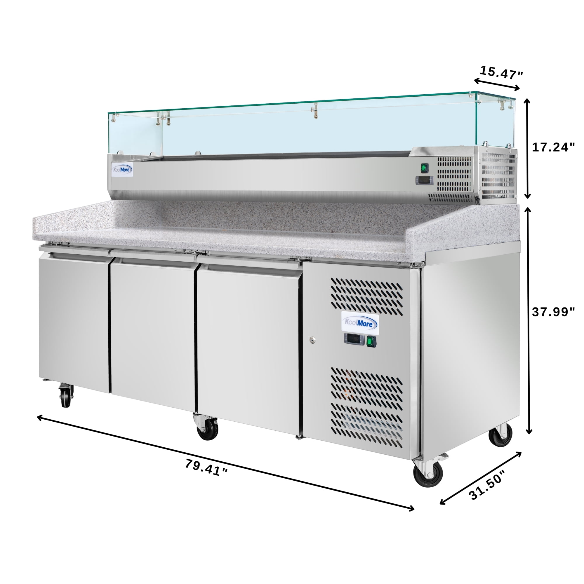 79 in. Three-Door Commercial Refrigerated Granite Top Pizza Prep Station With a Refrigerated Stainless-Steel Condiment Pan Holder (KM-RPCPS-2D79-GRT)