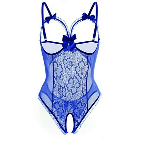 

BIZIZA Babydoll for Women Lace Plus Size Solid Color Bow Bodysuit Teddy Cupless Sexy Lingerie Blue XXL
