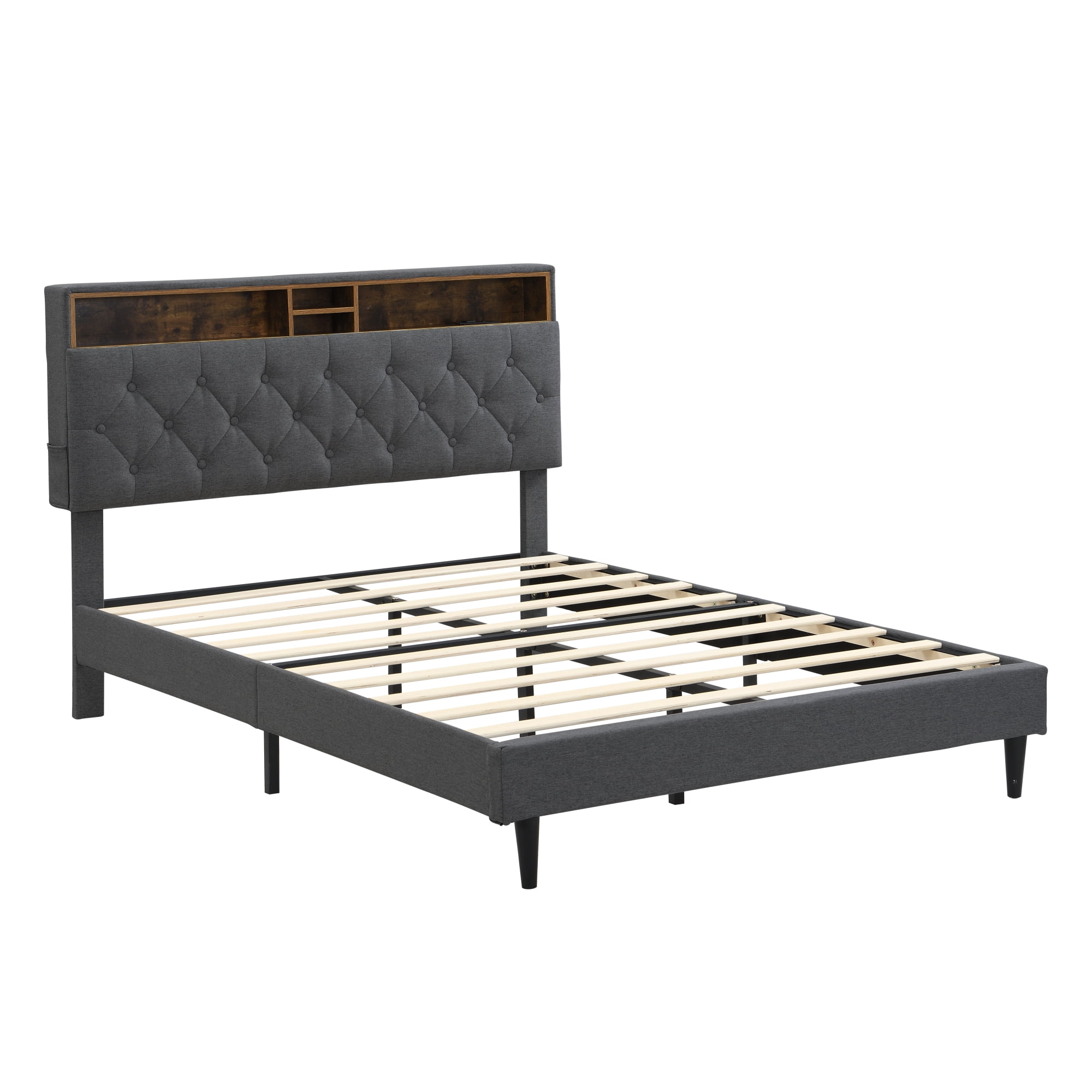 Leumius Queen Size Bed Frame with USB Ports, Modern Platform Bed with Tufted Upholstered Headboard & Storage Shelf, Queen