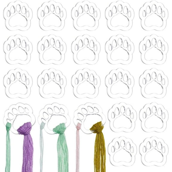 30Pcs Clear Acrylic Embroidery Floss Drops Paw Print Acrylic Thread Drops Cross Stitch Tread Bobbins Organizers Thread Winding Boards for Craft DIY Sewing Storage