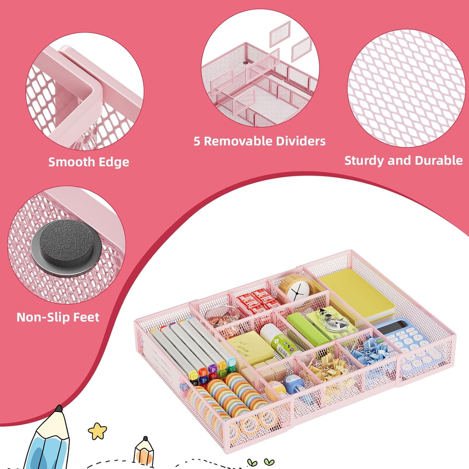 Expandable Desk Drawer Organizer, Mesh Tray with 10 Adjustable Compartments, Desk Organizers for Office Supplies, Makeup & Vanity (Expandable-Pink 2pack)