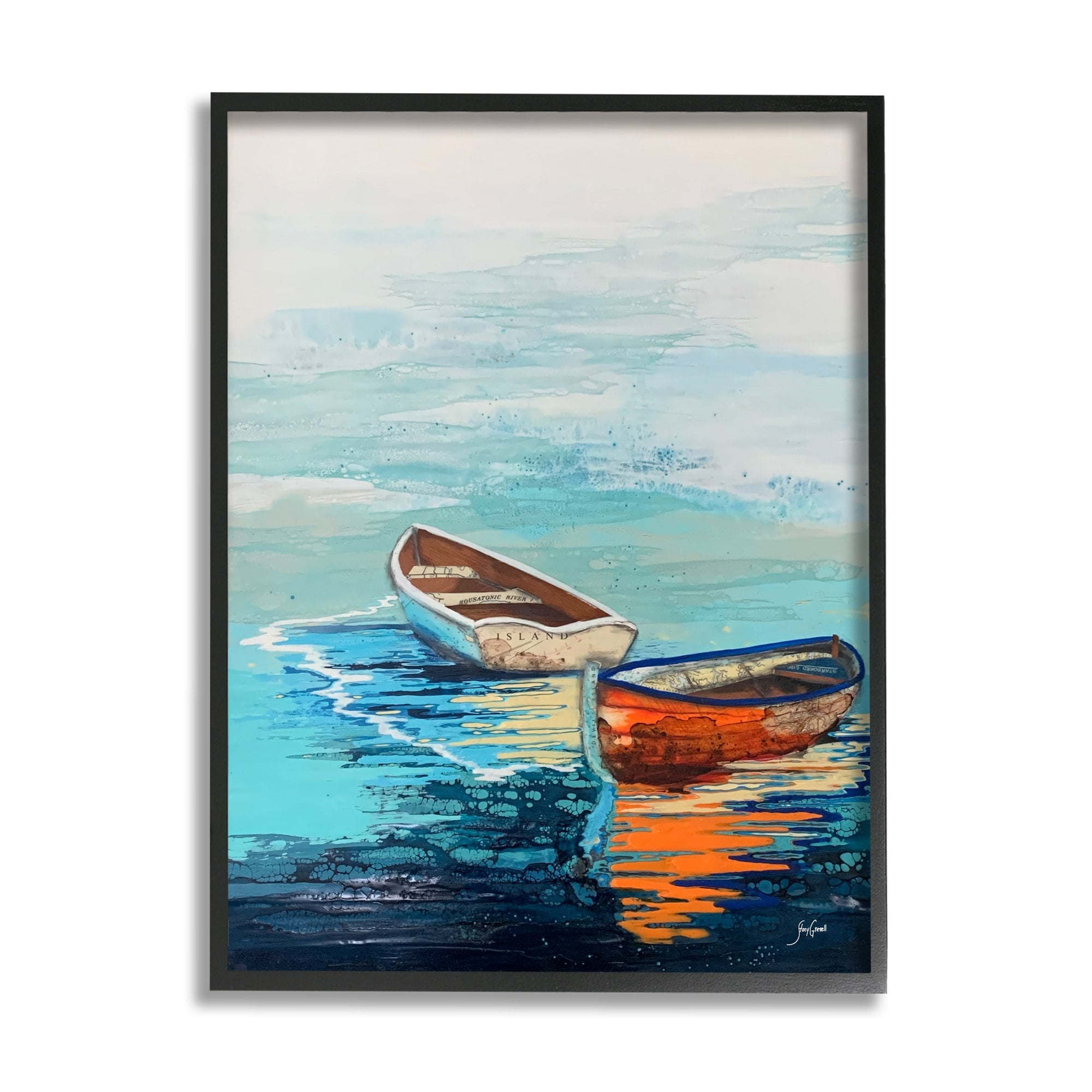 Stupell Industries Quiet Boats Drifting Vivid Ocean Surface Reflection Painting White Framed Art Print Wall Art, Design by Stacy Gresell