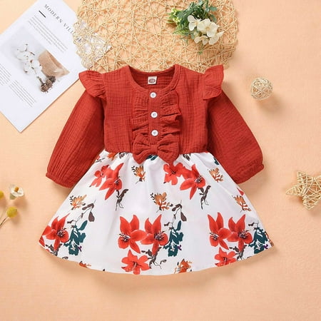 

Augper Toddler Dress Winter Fall Dresses Clearance Toddler Baby Girls Long Sleeve Flying Sleeve Dress Suit Floral Printing Dress Bodysuit Suit Red