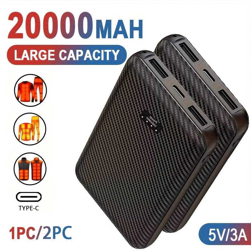 20000mAh Portable Power Bank, 1pc/2pcs, 5V 3A Output, Portable Charger, External Battery Pack for Heated Clothing, Jackets, Vests, Socks, Pads, Compatible with Smartphones, Tablets, Devices