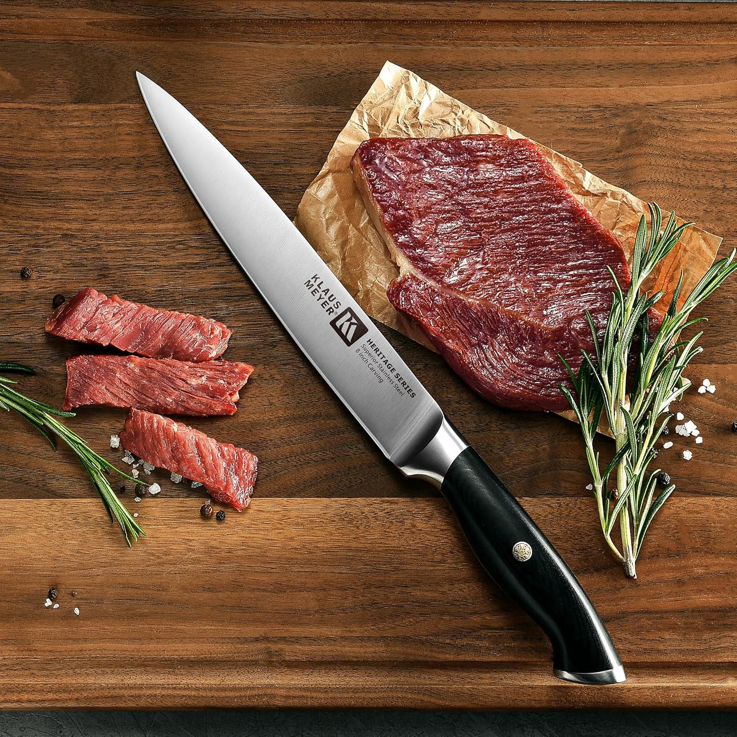 Klaus Meyer 8-Piece Kitchen Knife Set, German High Carbon Steel Pakka Wood Handle Chef Knife Set With Block, Ultra Sharp With Scissors, Sharpener Rod.