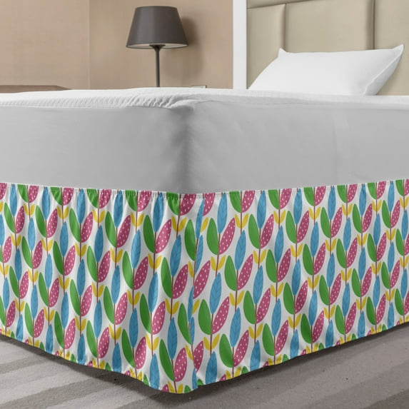 Leaves Bed Skirt, Vertical Strips with Leaves in Various Details, Elastic Bedskirt Dust Ruffle Wrap Around for Bedding Decor, 4 Sizes, Multicolor, by Ambesonne