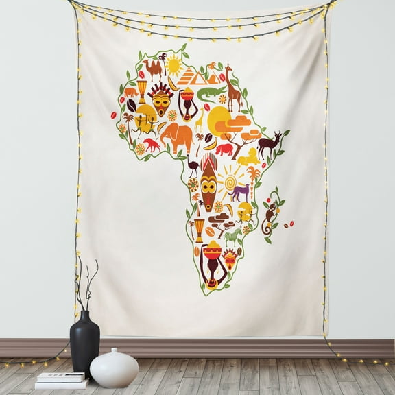 African Tapestry, Africa Travel Map Plan Traditional Objects Continental Ethnic Culture Arts Craft Print, Wall Hanging for Bedroom Living Room Dorm Decor, 60W X 80L Inches, Multi, by Ambesonne