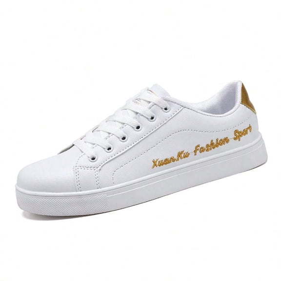 EKRBXA White & Gold Lace-Up Casual Sneakers, Lightweight Comfortable Low-Top Skate Shoes, Non-Slip PU Leather Walking Shoes with Embroidered Detail