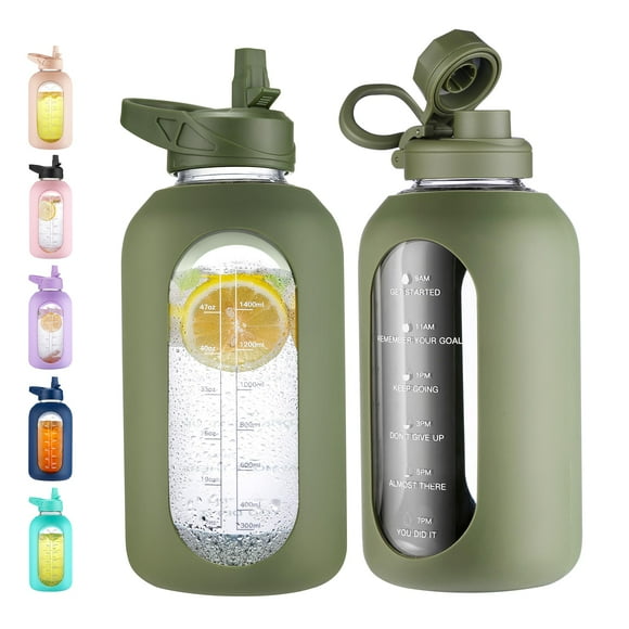 Botella de agua CIVAGO de vidrio de 1,9 L con pajita y asa, color verde militar