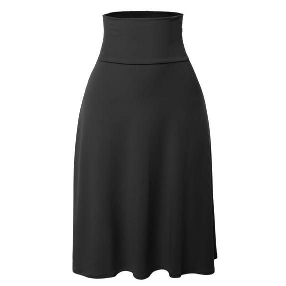 A2Y Women's Solid A-Line Fold Over Waist Band Flared Midi Skirt Black 1X