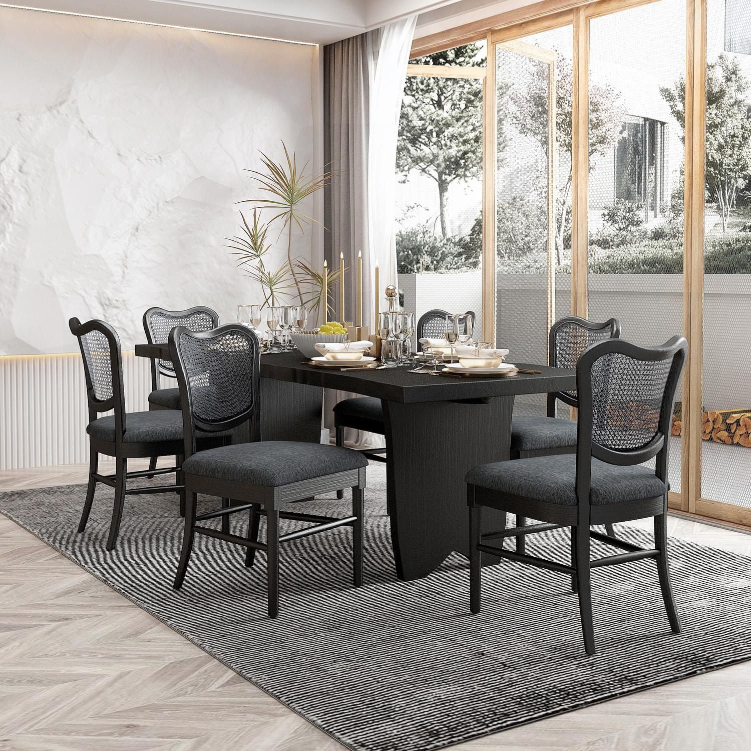 Chaises de salle à manger Lot de 2, chaises latérales rembourrées avec dossier en rotin et pieds en bois, chaises au design moderne du milieu du siècle pour le salon et la cuisine