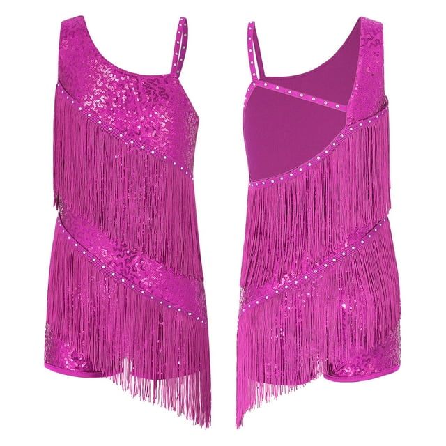 Mufeng Vêtements de Danse Latine Rumba pour Grandes Filles Concours de Tango Moderne Justaucorps Jazz à Franges Robe de Danse Rose Vif 12