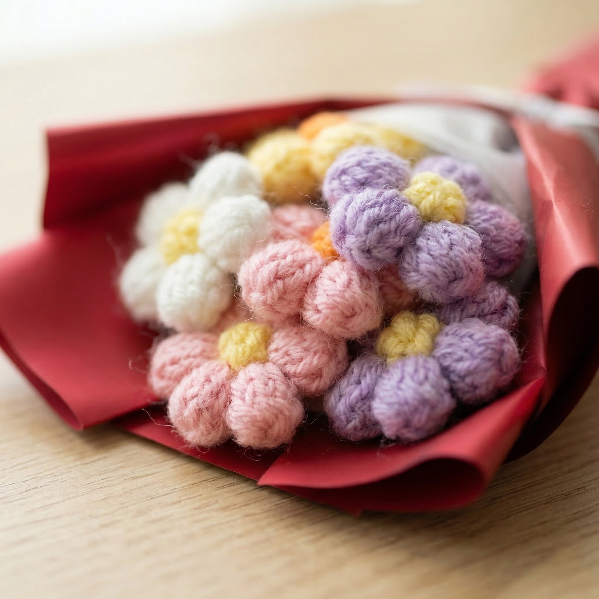 Unique Bargains Handmade Crochet Eternal Knitted Flowers Bouquet with Wrap Red 7.1 in