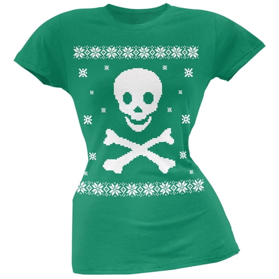 Big Skull & Crossbones Ugly Christmas Sweater Green Soft Juniors T-Shirt - Large
