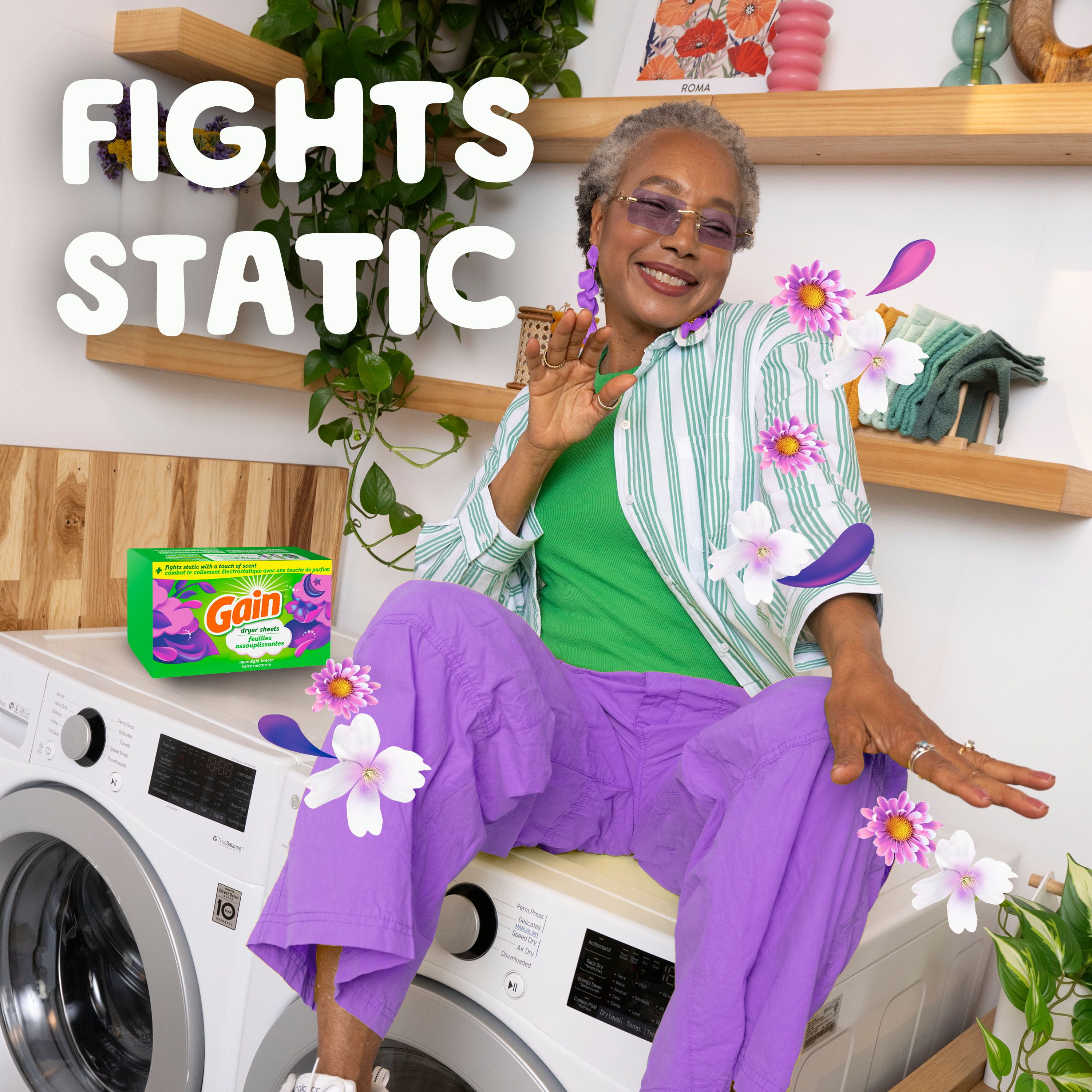 Feuilles assouplissantes Gain, combat le collement électrostatique avec un soupçon de parfum, feuilles pour la lessive, parfum Brise nocturne 200CT