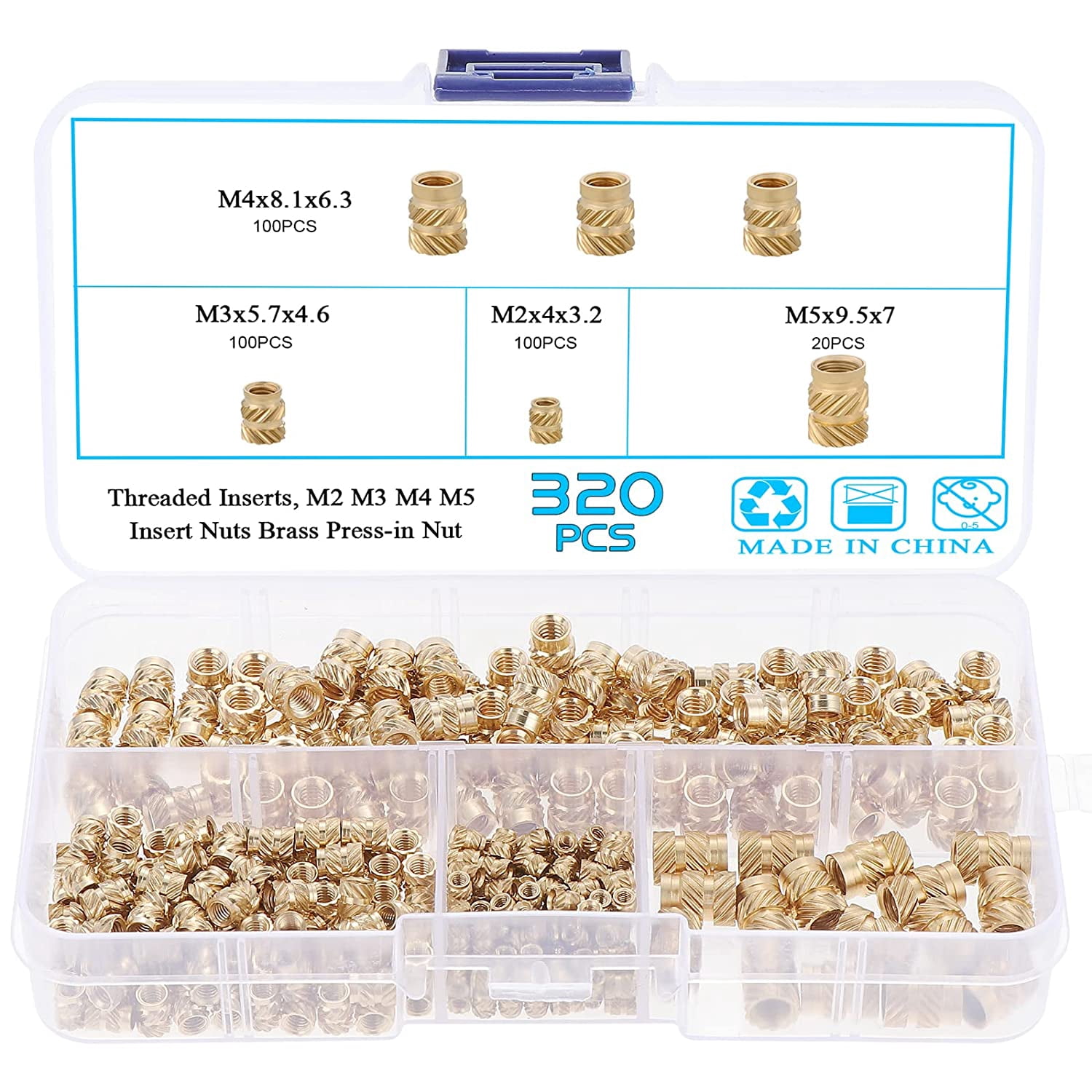 HSEAMALL 320PCS Threaded Insert Knurled Brass Nuts, M2 M3 M4 M5 Insert ...