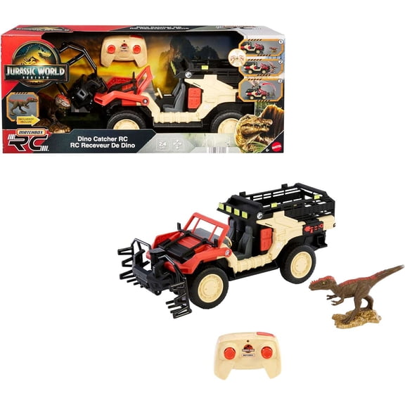 Matchbox Jurassic World RC Toy Truck, Battery-Powered Remote-Controlled Vehicle with Dinosaur Figure, RC Dinosaur Catcher, and Capture Cage for Transport