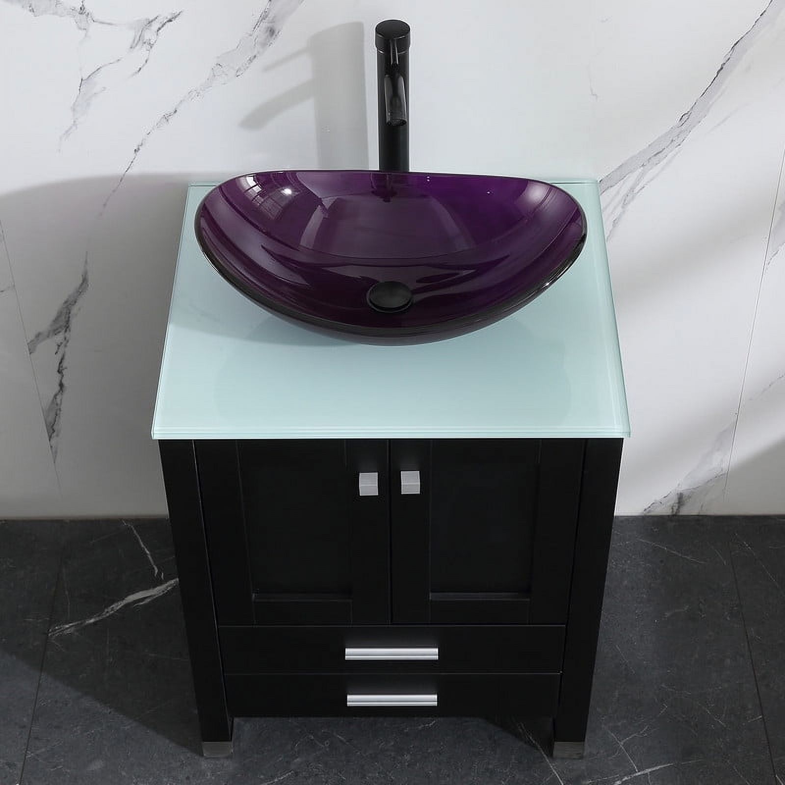 Walsport 24" Luxurious Bathroom Vanity with Purple Tempered Glass Vessel Sink Bowl and Countertop and Mirror and Faucet,Stand Floor Cabinet Bathroom Storage Vanity with Pop Up Drain,Black
