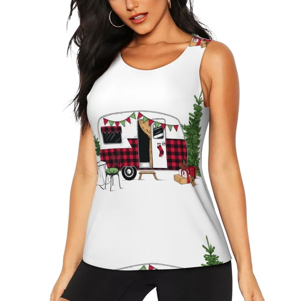 Fotbe Vintage Buffalo Plaid Christmas Camper Blusas Sin Mangas para Mujer – Estilo Casual, Corte Suelto, Slim-Fit, Cuello Redondo Deportivo, Tops de Verano para Gimnasio y Yoga-X-Large