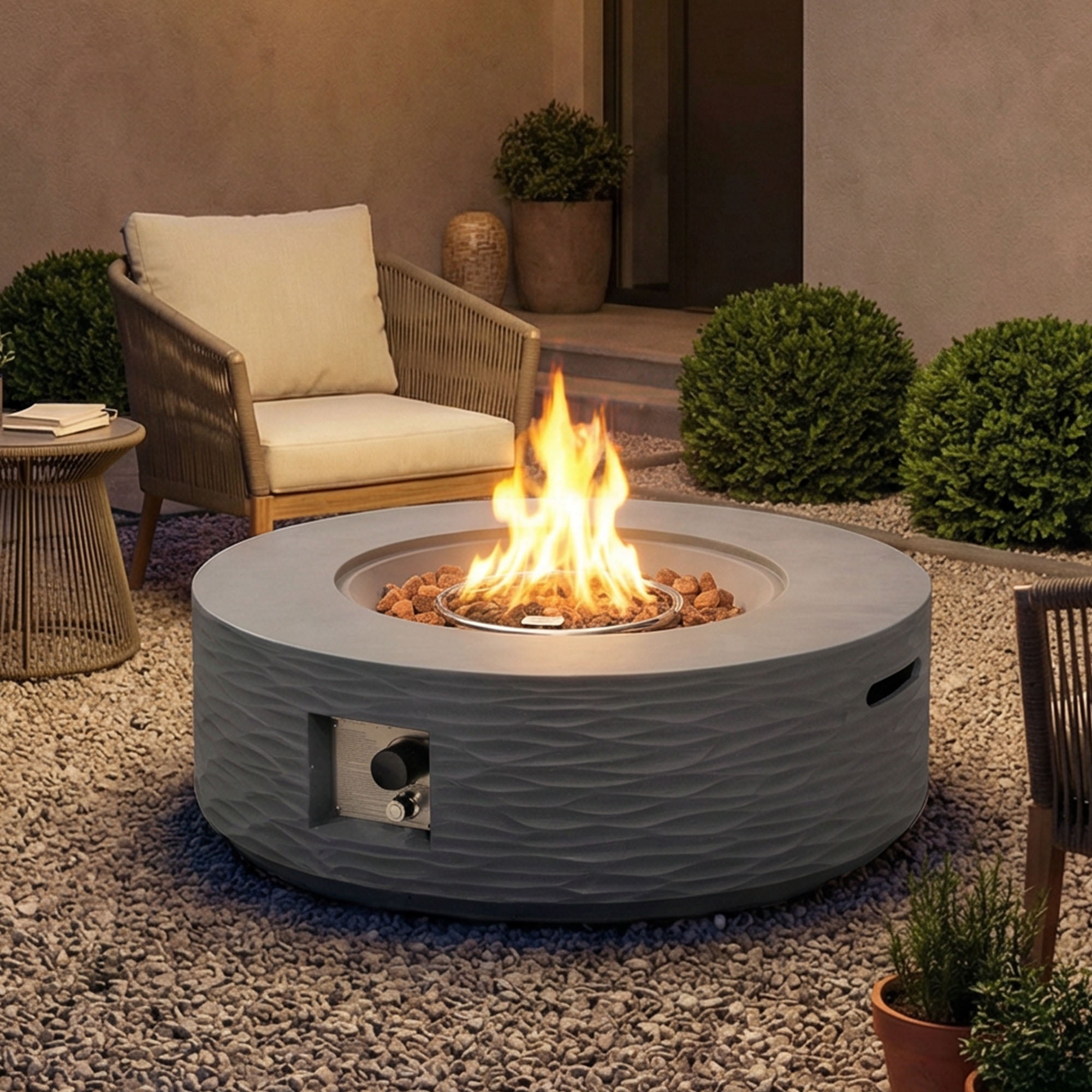 MOALCOFER 35" Outdoor Fire Pit Table,Round Propane Fire Pit,Water Ripple Design,Grey