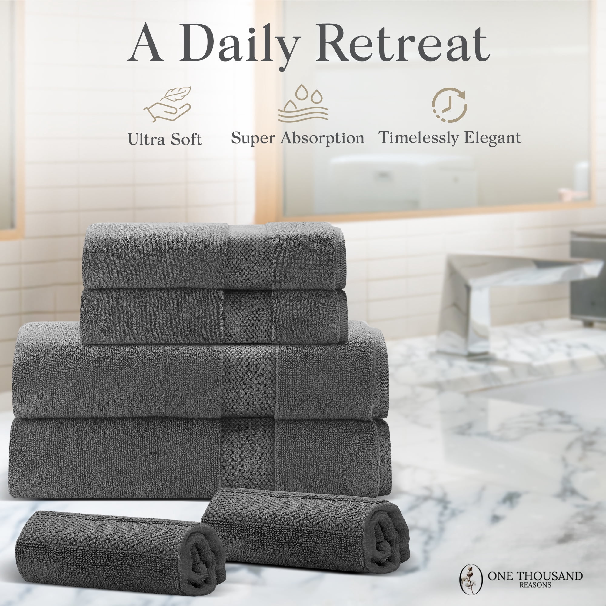 One Thousand Reasons Superior Zero Twist 1 Stripe Towel Set | Bath, Gym, Hand Towels | Luxury & Soft Cotton (6 Pieces)