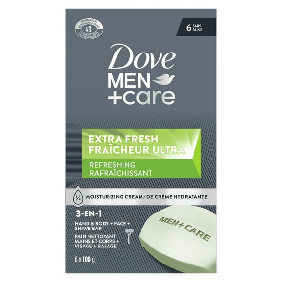 Dove Men+Care Pain de Savon Rafraîchissant Extra Fresh Formulé pour la Peau des Hommes Pain Nettoyant 3-en-1 Mains et Corps + Visage + Rasage avec ¼ de Crème Hydratante